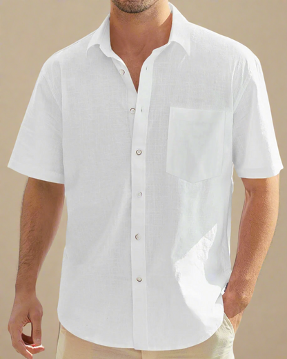 ADKN Men White Cotton and Linen Button Down Shirt