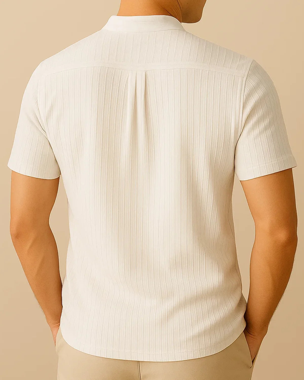 Rear of white ribbed short sleeve shirt with collarless neckline