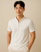 White ribbed knit shirt for men – Orion Polo front with mandarin collar