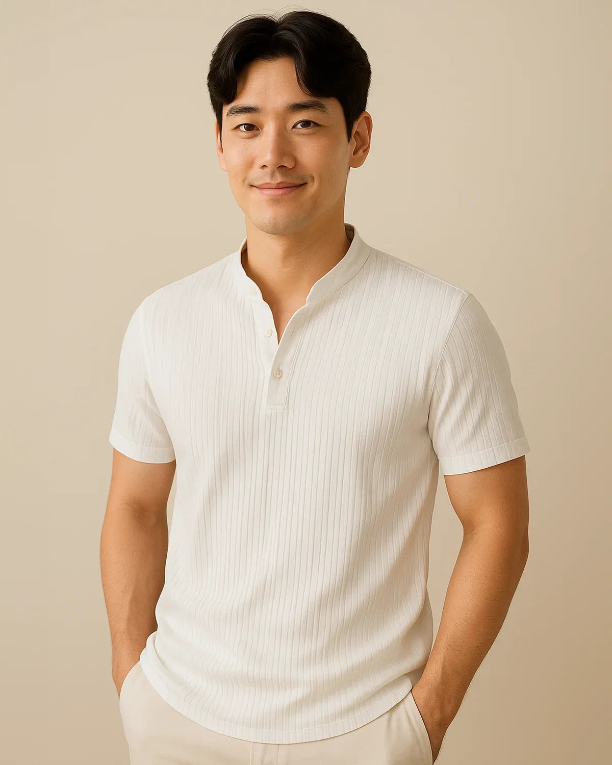 White ribbed knit shirt for men – Orion Polo front with mandarin collar