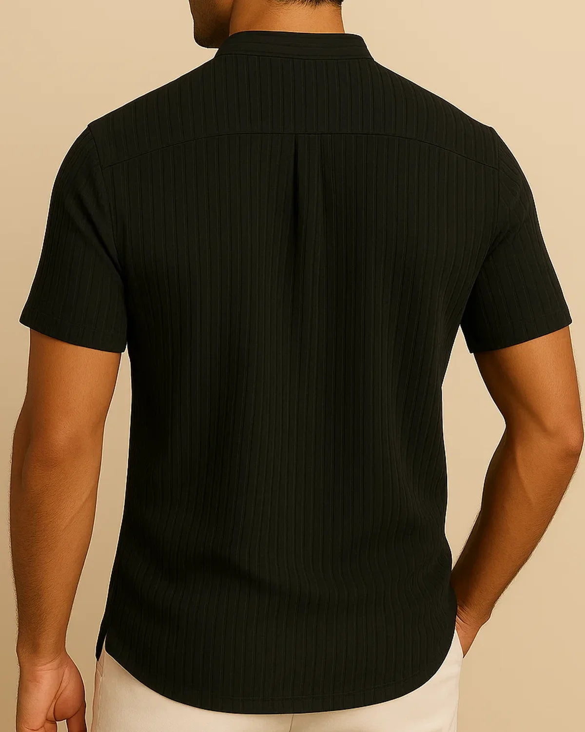 Back of men’s black ribbed polo with collarless neckline