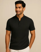 Black ribbed knit shirt – mandarin/grandad collar Orion Polo front