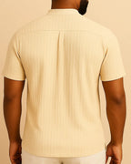 Rear of recycled ribbed mandarin collar shirt in ivory