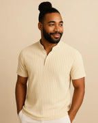 Cream ribbed knit shirt with mandarin collar – Orion Polo front view