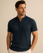 Navy ribbed mandarin collar knit shirt – Orion Polo front view