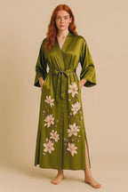 Satin Long Kimono Robe with Floral Print - Japanese Dressing Gown