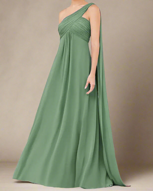 ADKN Saraya Long Bridesmaid Dress with One Shoulder Cape XS / Sage Green