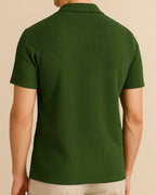 Rear view of green recycled resort shirt – ribbed soft texture