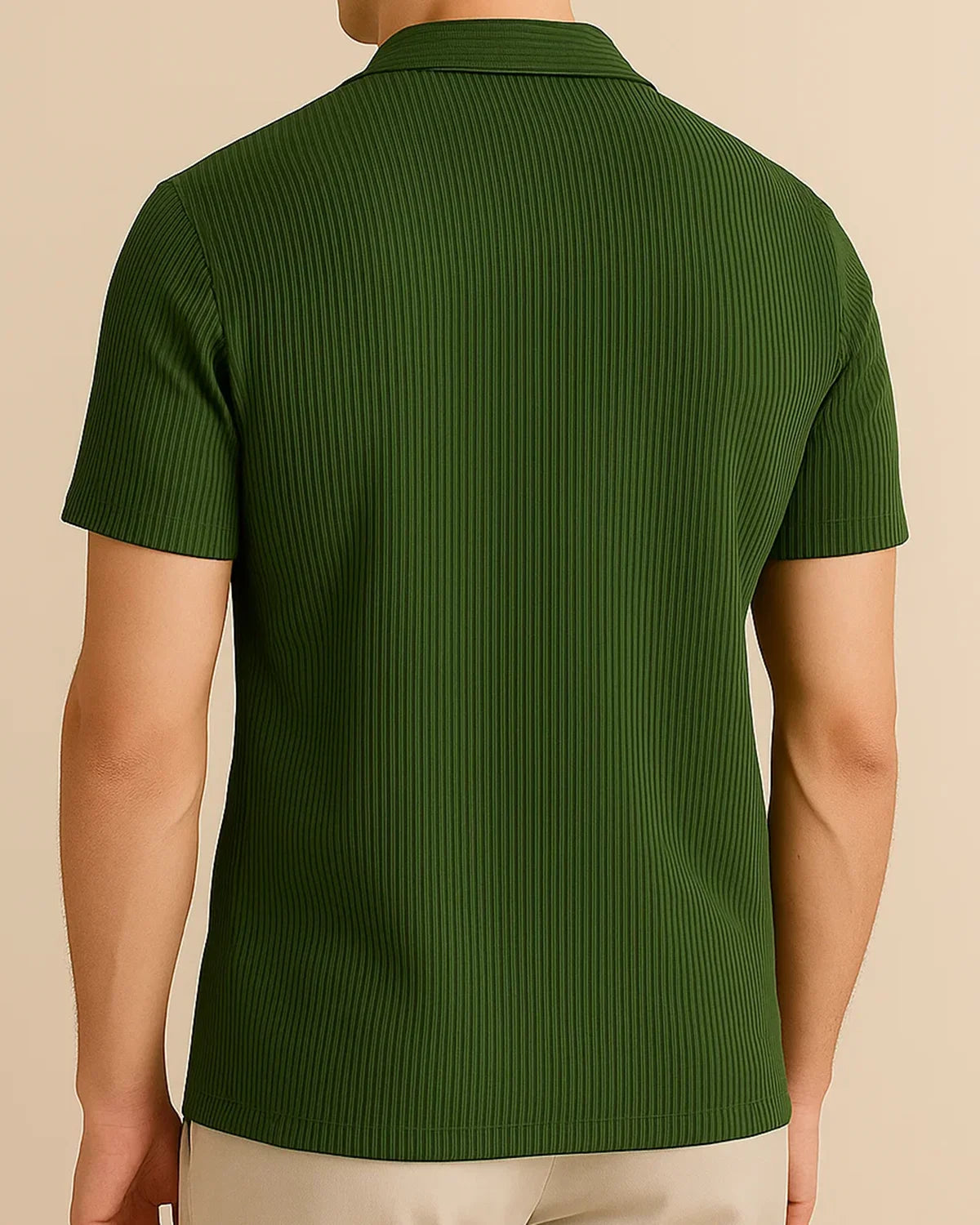 Rear view of green recycled resort shirt – ribbed soft texture