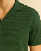 Forest green ribbed texture – soft knit recycled polyester shirt detail