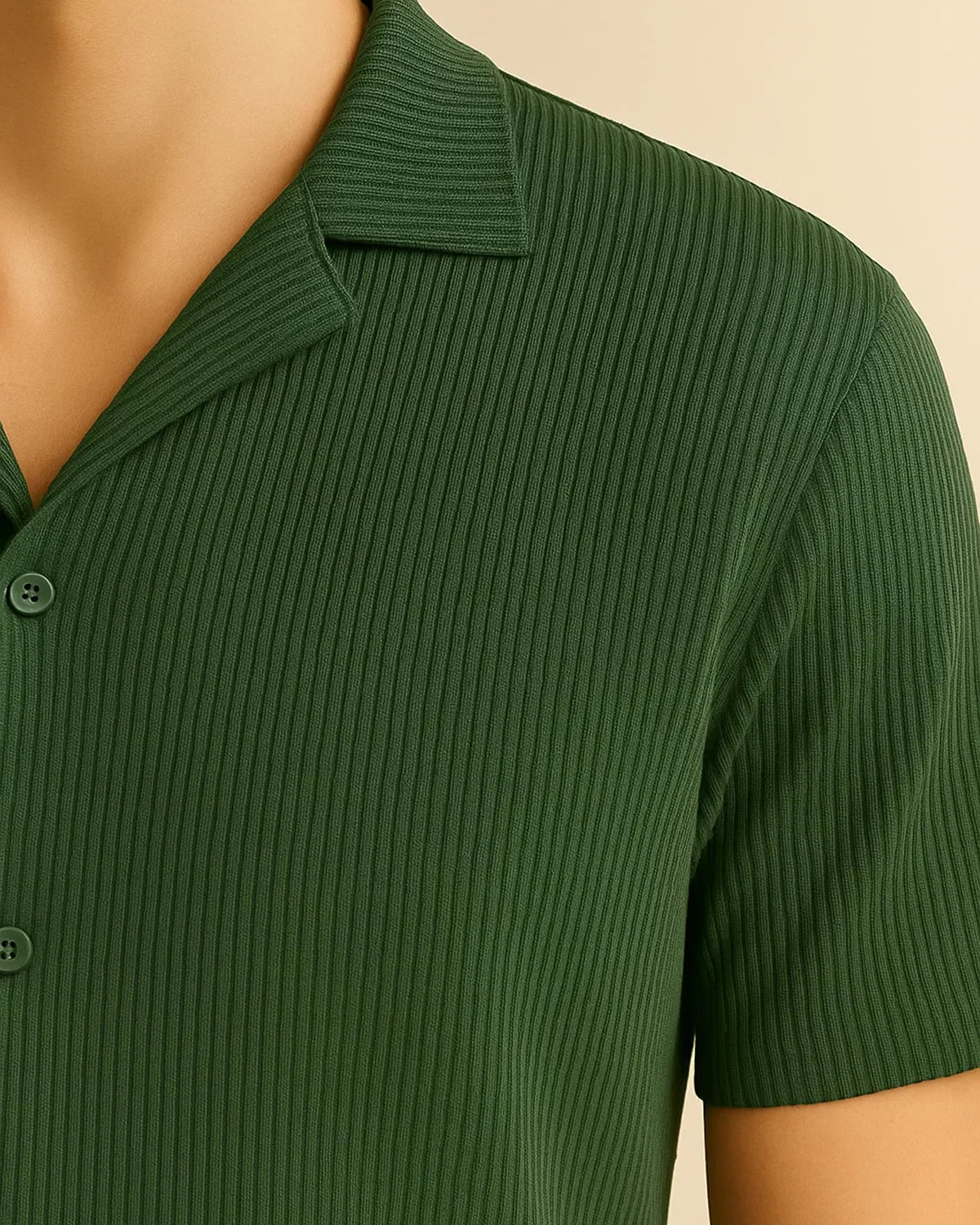Forest green ribbed texture – soft knit recycled polyester shirt detail