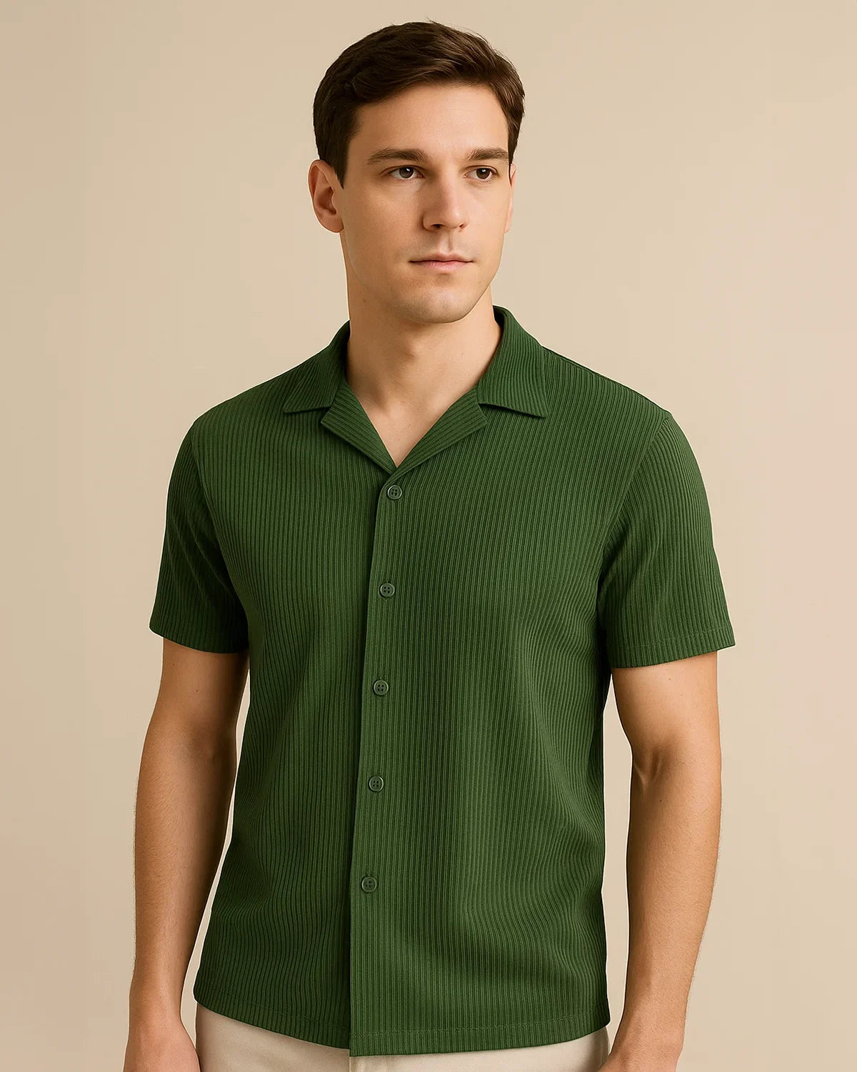 Forest green ribbed shirt for men – Solaro Deep Fern front view