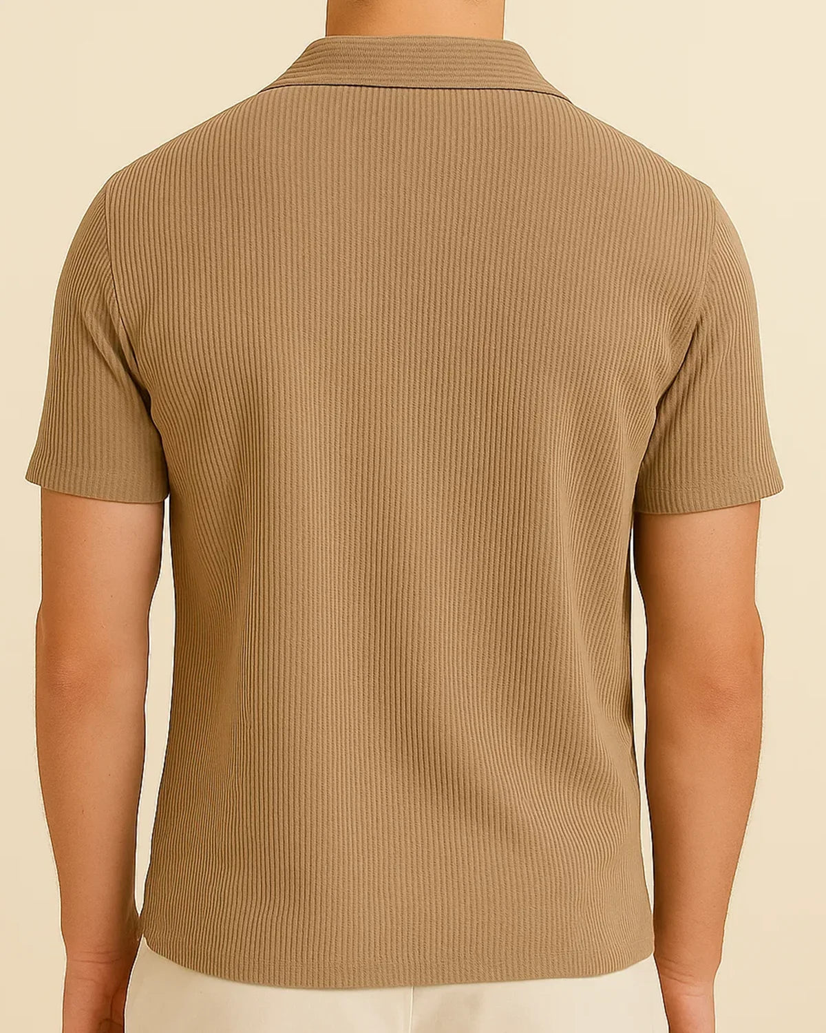 Back view of men’s tan ribbed knit shirt – relaxed resort cut