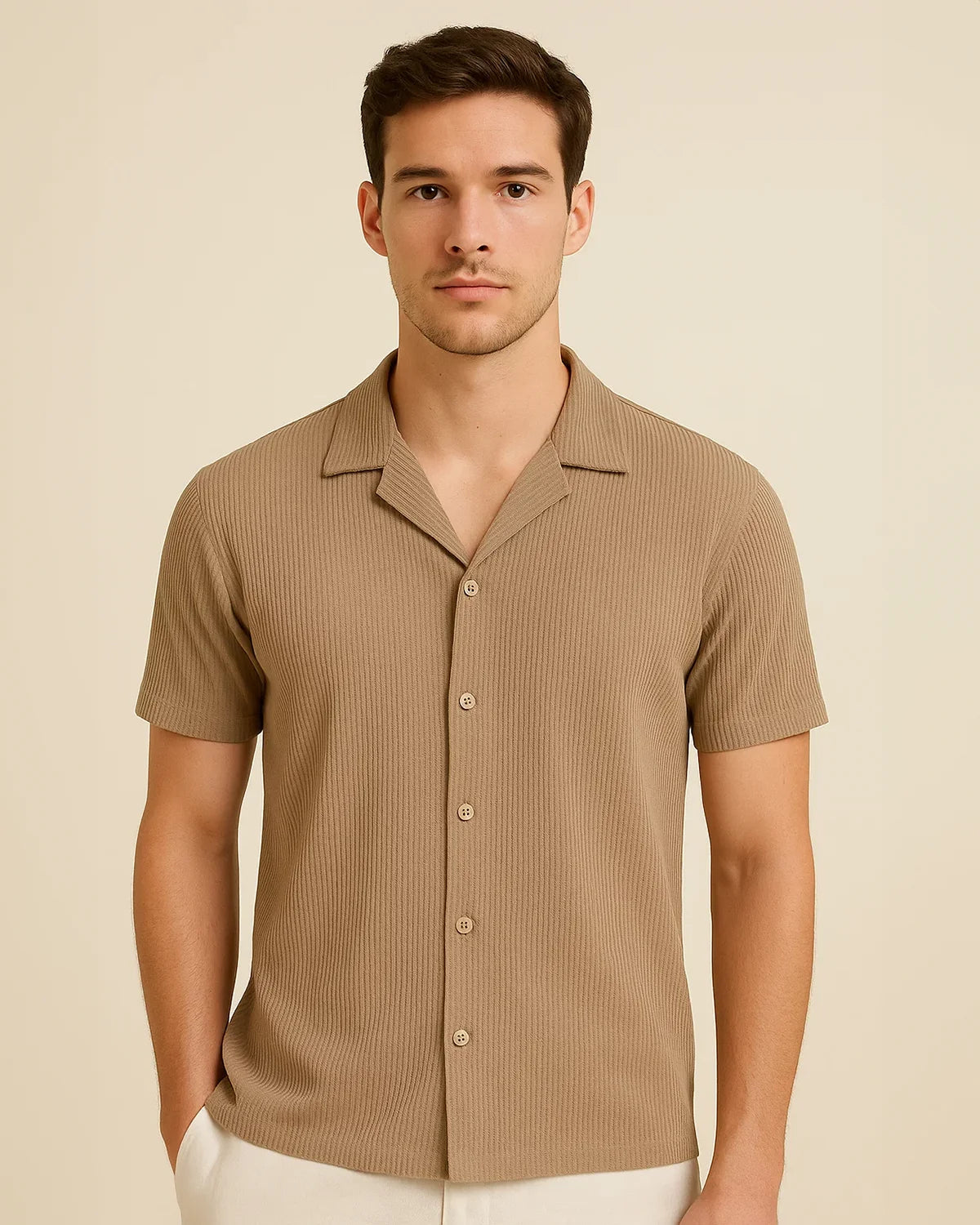 Tan ribbed shirt for men – short sleeve Solaro Desert Tan front pose