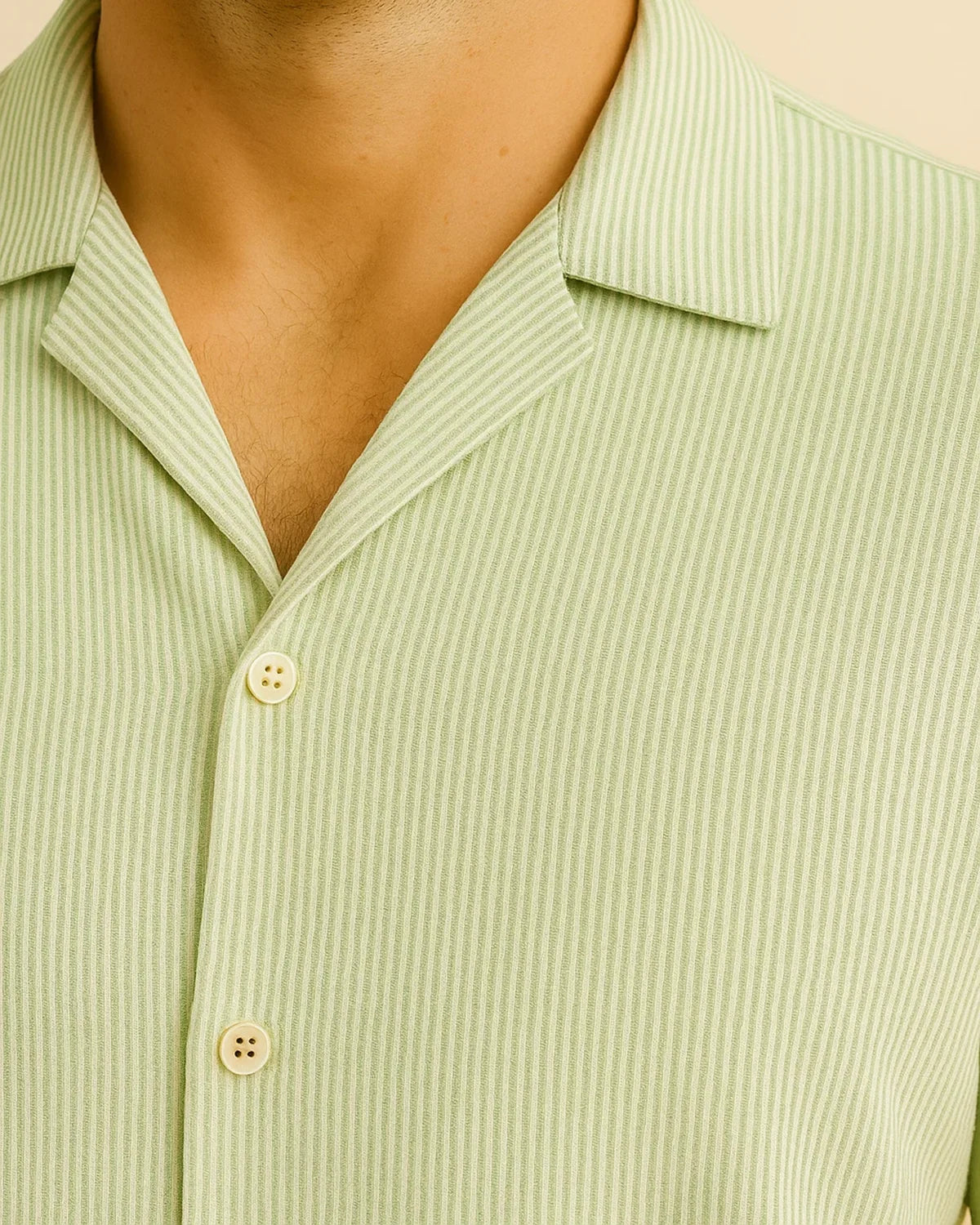 Back of sage green ribbed resort shirt – lightweight eco texture