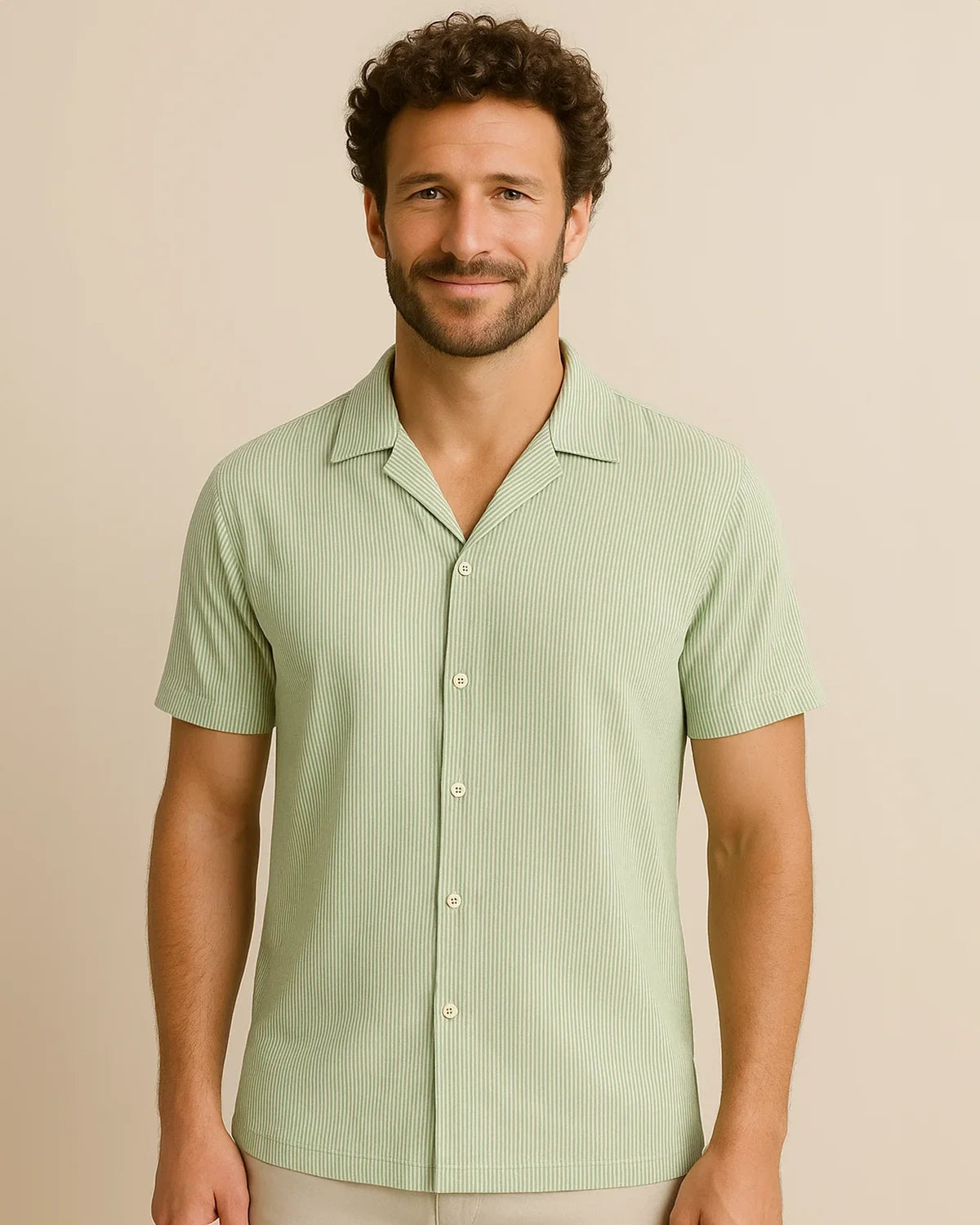 Sage green ribbed shirt – men’s summer knit top front view