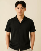 Black ribbed resort shirt – men’s smart knit shirt front pose