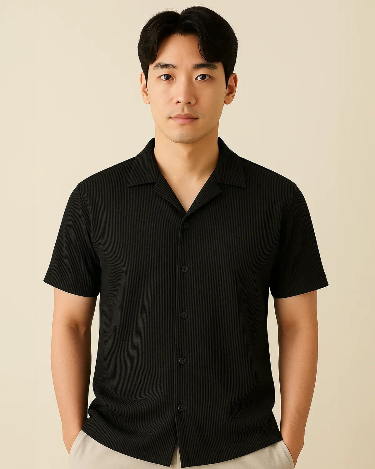 Black ribbed resort shirt – men’s smart knit shirt front pose