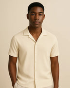 Cream ribbed shirt for men – Solaro Sandstone front view with resort collar