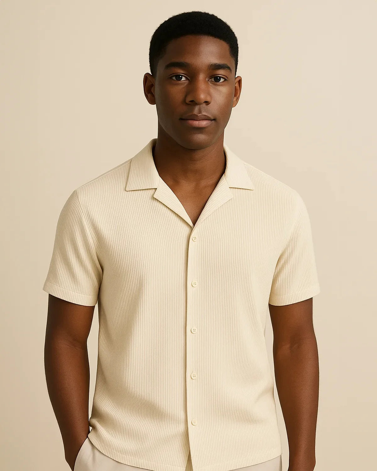 Cream ribbed shirt for men – Solaro Sandstone front view with resort collar