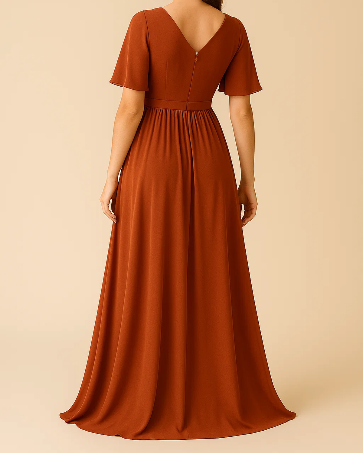 The Terra Maxi Dress with flutter sleeves in burnt orange, made from sustainable recycled polyester chiffon. Shown from the back view. Ethically made in London by ADKN