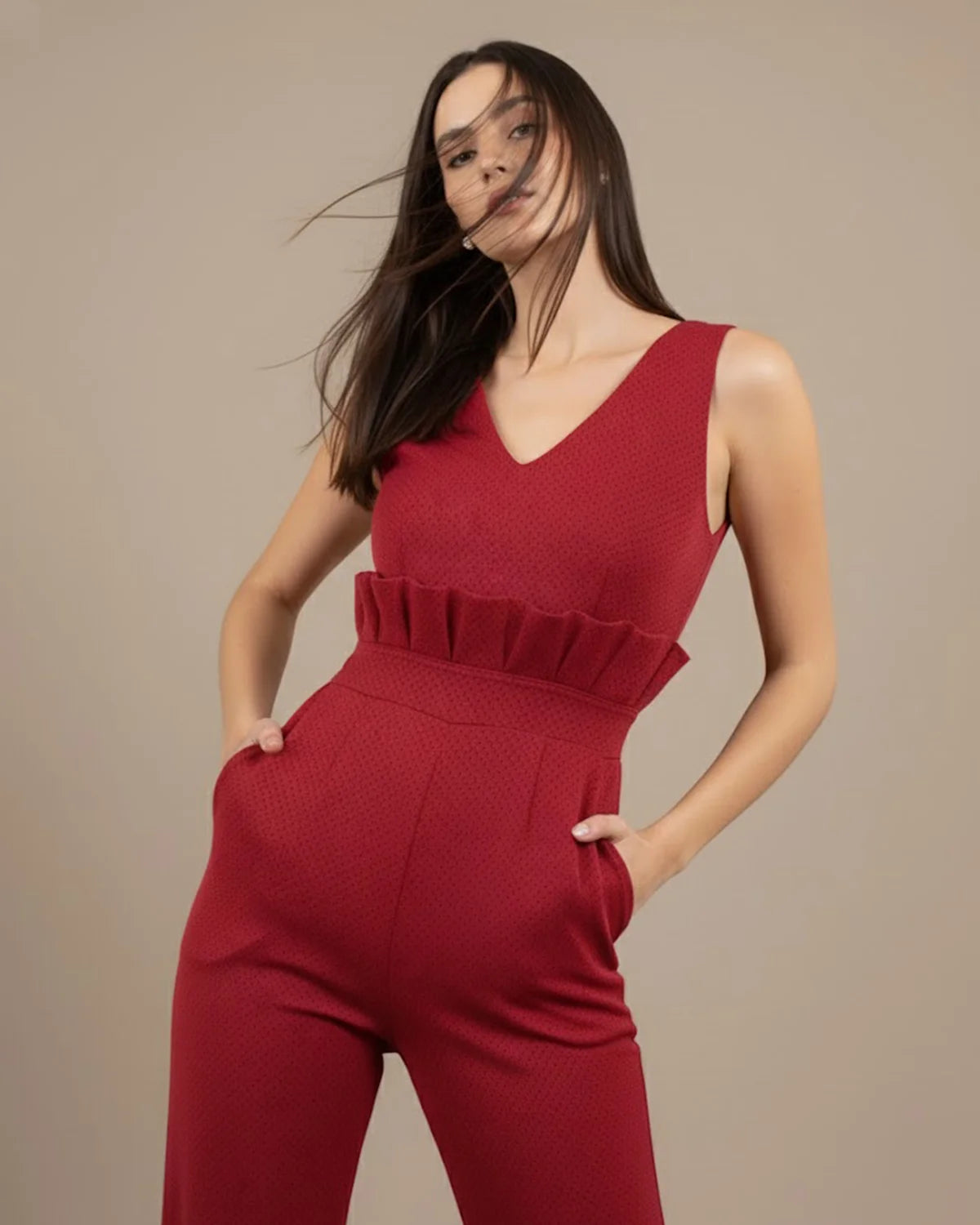 Elvira Red Herringbone Jumpsuit | Organic Cotton & RPET Wide Leg Jumpsuit