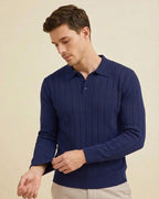 The Julian: Men’s Midnight Navy Heritage Ribbed Polo – Classic Dark Blue Sustainable Business Knit
