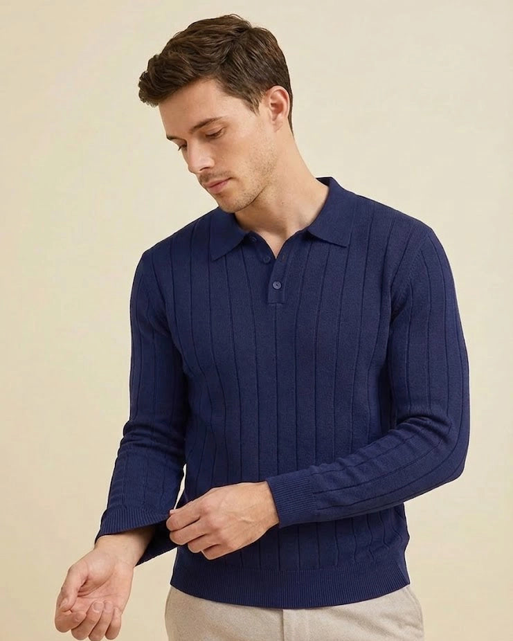 The Julian: Men’s Midnight Navy Heritage Ribbed Polo – Classic Dark Blue Sustainable Business Knit