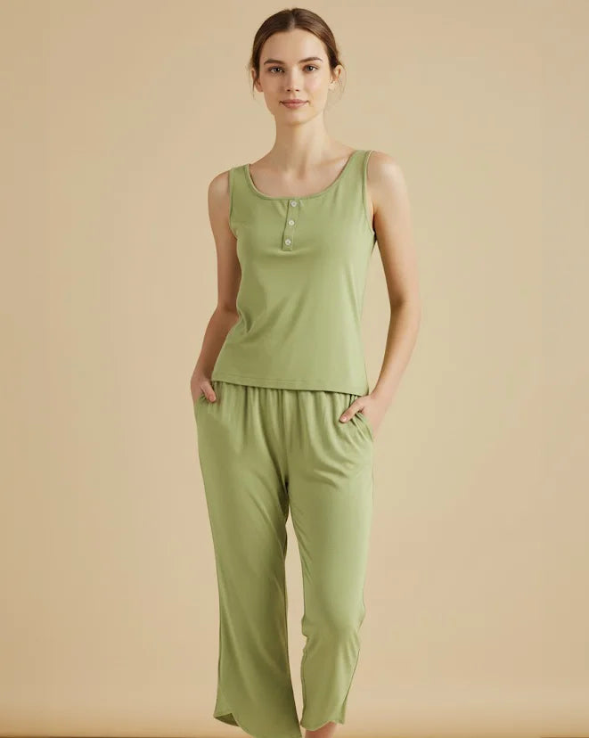Bamboo Sleeveless Pyjamas Loungewear with Cropped Trousers - Lime