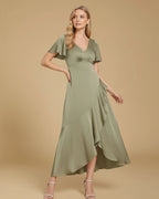 Nova Recycled Sage Green Satin Cascading Ruffle Midi Dress