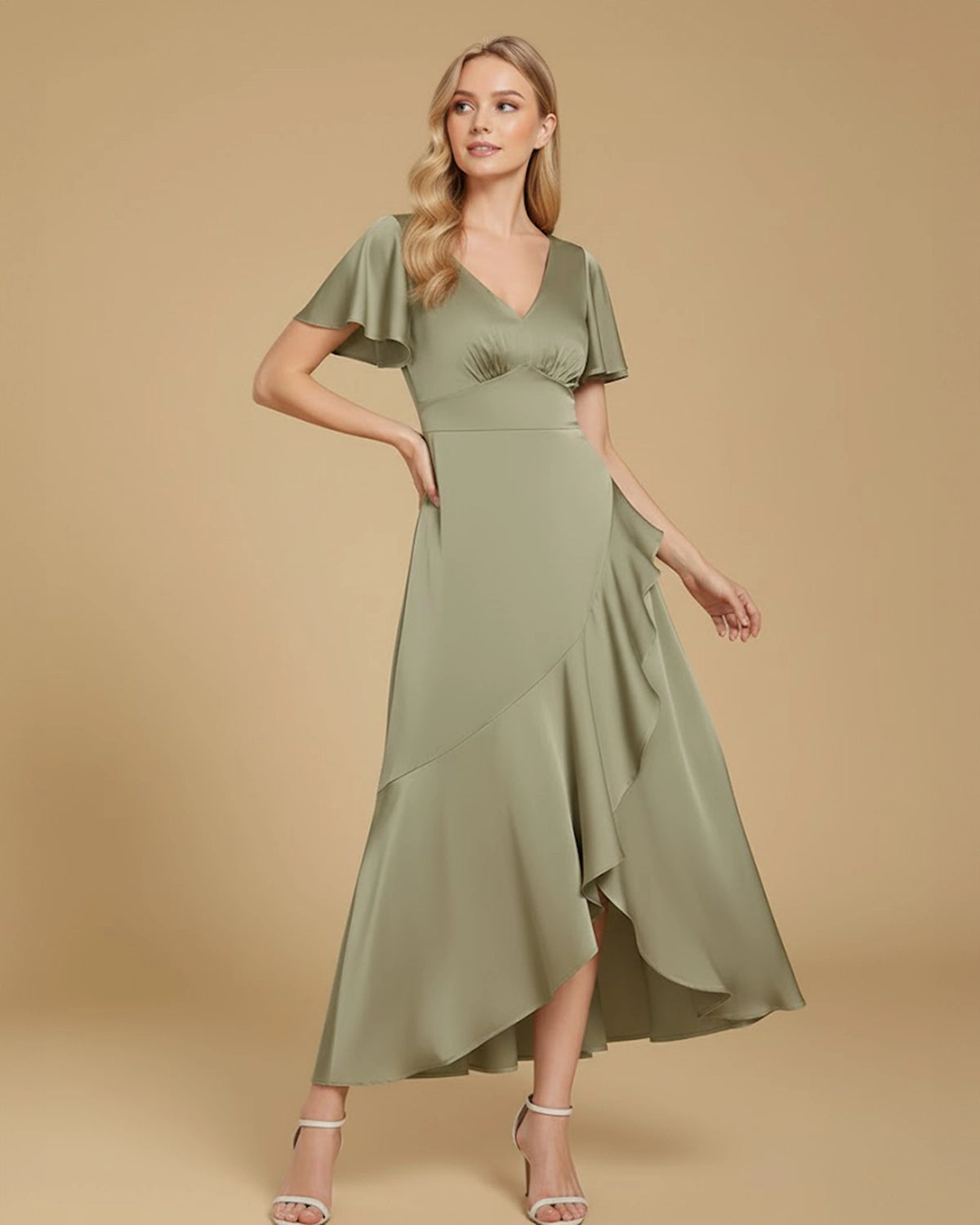 Nova Recycled Sage Green Satin Cascading Ruffle Midi Dress