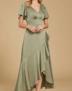 Nova Recycled Sage Green Satin Cascading Ruffle Midi Dress
