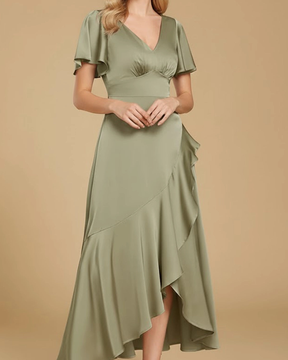 Nova Recycled Sage Green Satin Cascading Ruffle Midi Dress