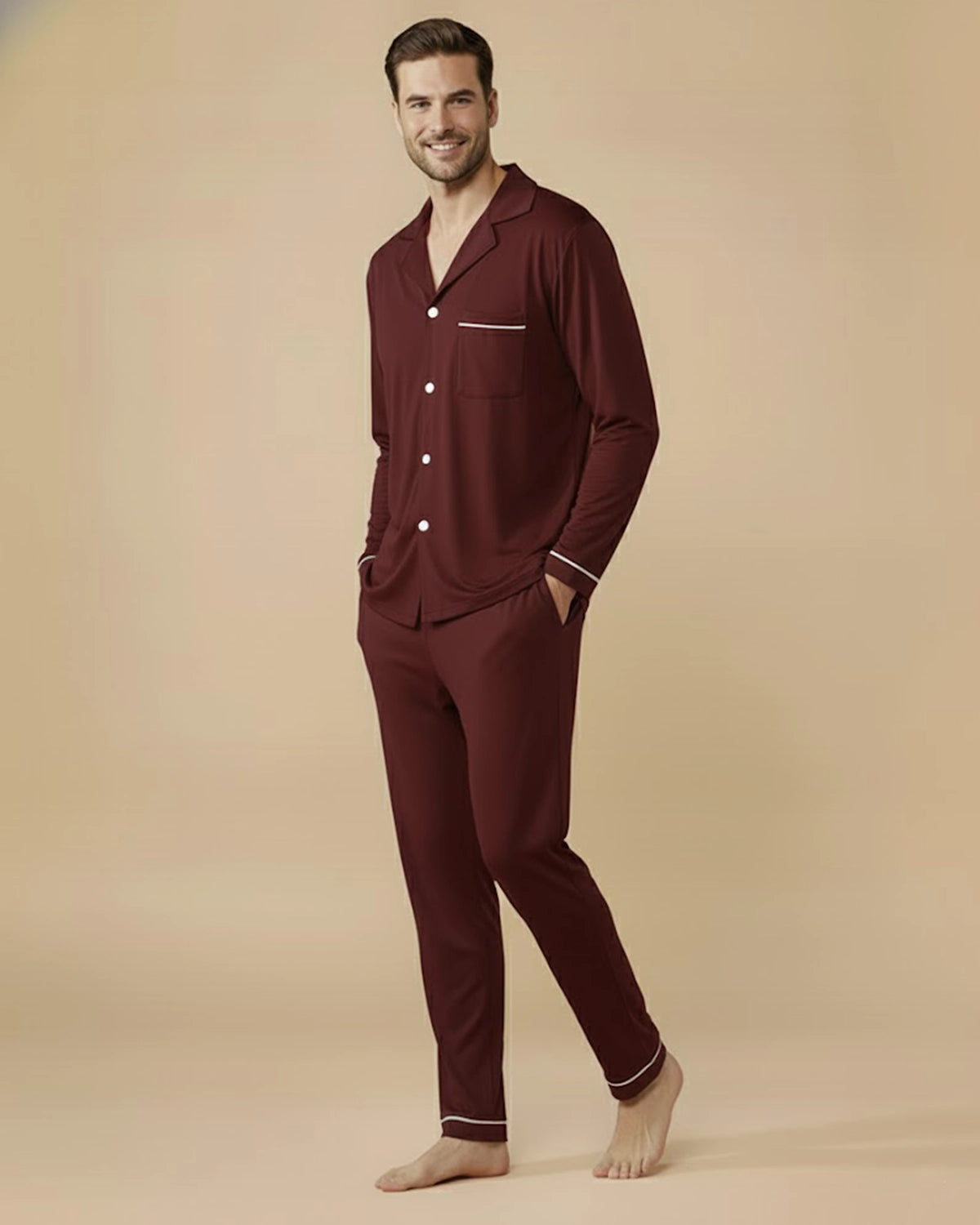 Men's Recycled Cotton Pyjama Set | Classic Sleepwear in Navy, Black & Burgundy
