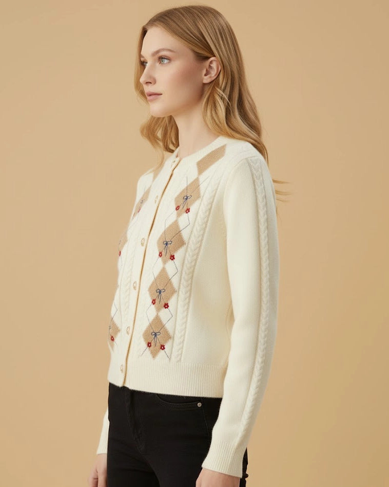 Vintage Charm Argyle Cardigan - Cream