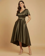 Aura Recycled Satin V-Neck Olive Green High-Low Dress with Short Sleeves