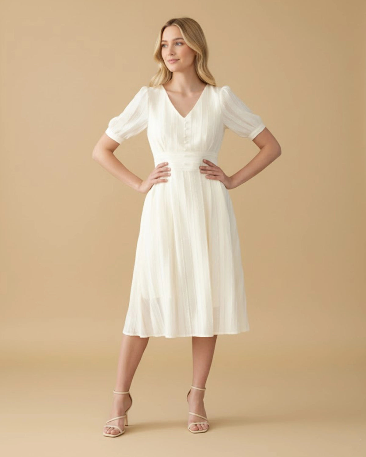 Brielle V-Neck Puff Sleeve Midi Dress | Upcycled Polyester