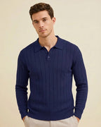 The Julian: Men’s Midnight Navy Heritage Ribbed Polo – Classic Dark Blue Sustainable Business Knit