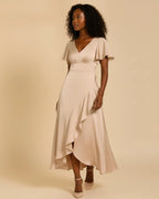 Nova Asymmetrical Ruffle Midi Dress - Champagne Satin
