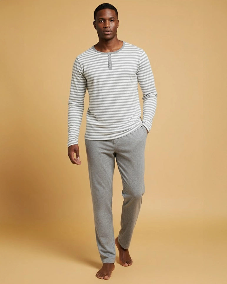 Men's Striped Henley Cotton Pyjama Set in Navy, Black, Green, & Grey Loungewear