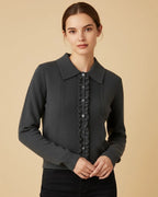 Rian Dark Grey Ruffle-Front Cardigan | Sustainable Recycled Knitwear | Collared Cardigan