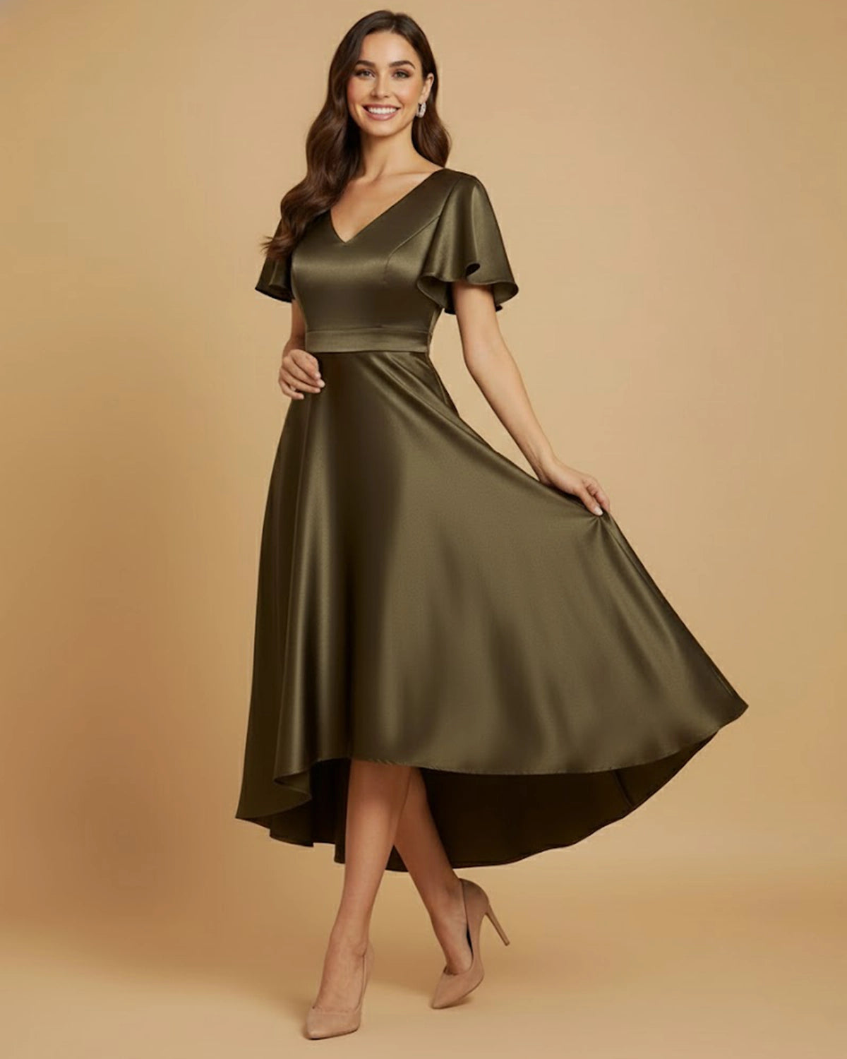 Aura Recycled Satin V-Neck Olive Green High-Low Dress with Short Sleeves