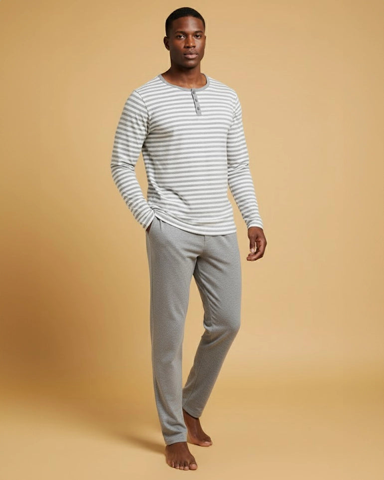 Men's Striped Henley Cotton Pyjama Set in Navy, Black, Green, & Grey Loungewear