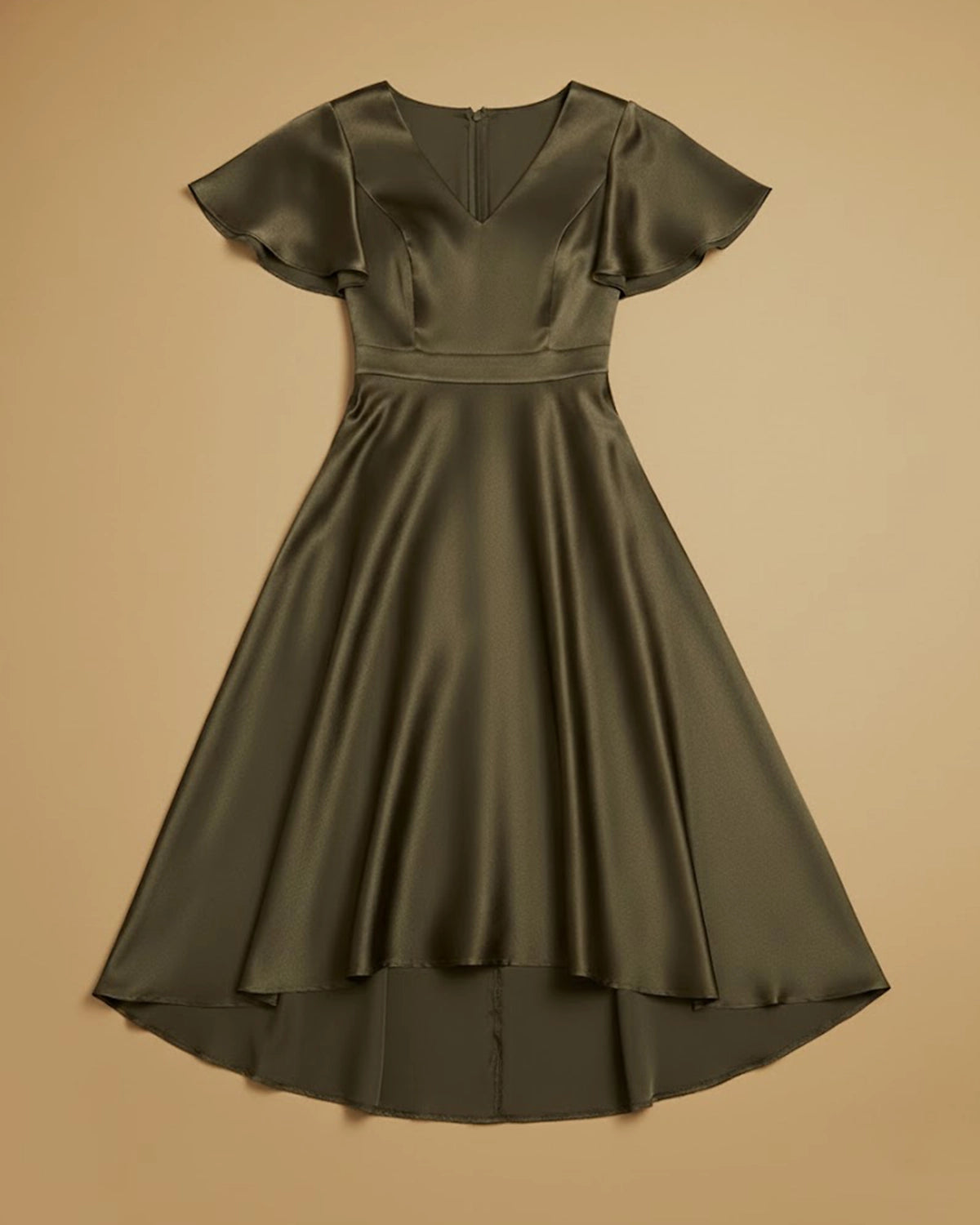 Aura Recycled Satin V-Neck Olive Green High-Low Dress with Short Sleeves