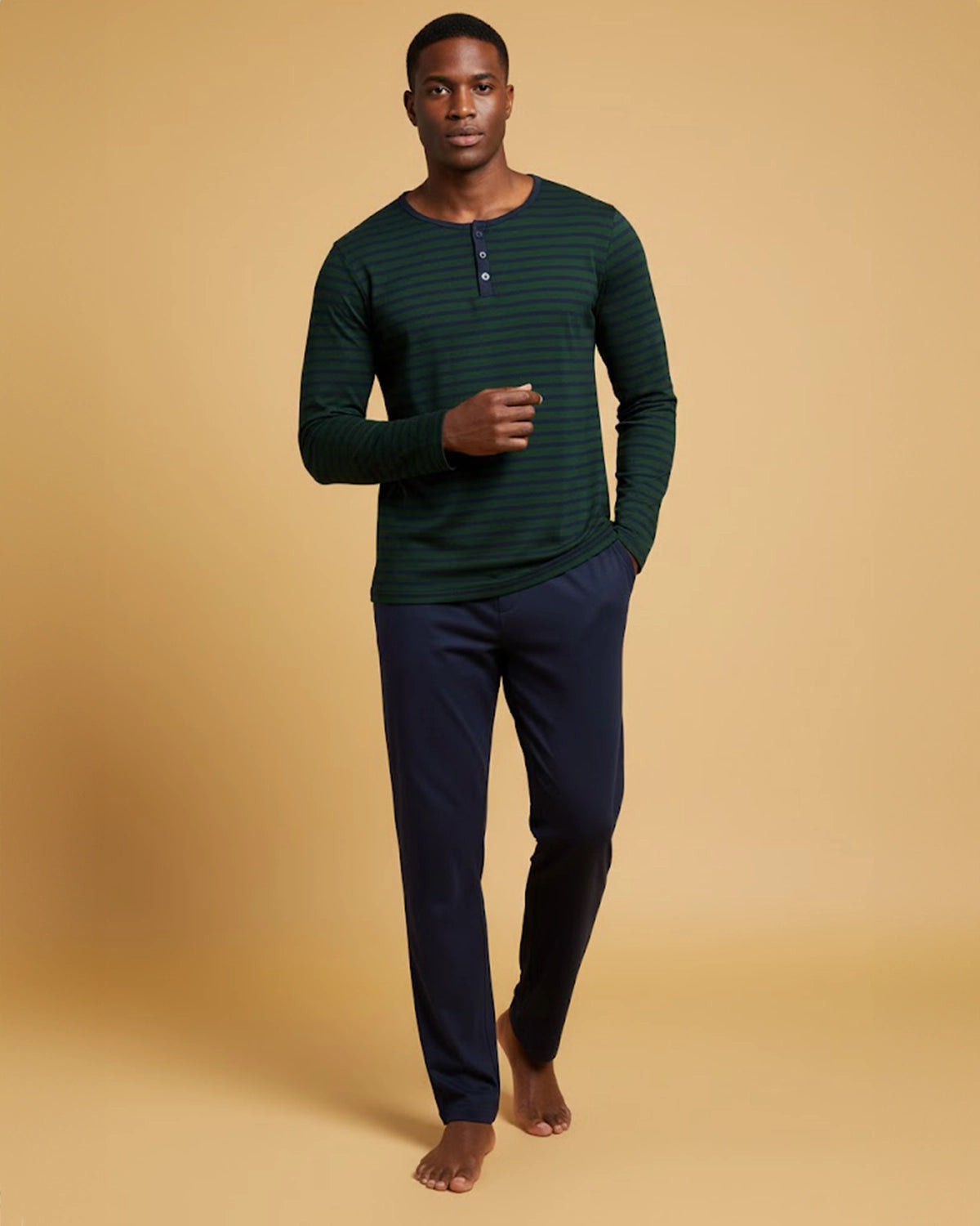 Men's Striped Henley Cotton Pyjama Set in Navy, Black, Green, & Grey Loungewear