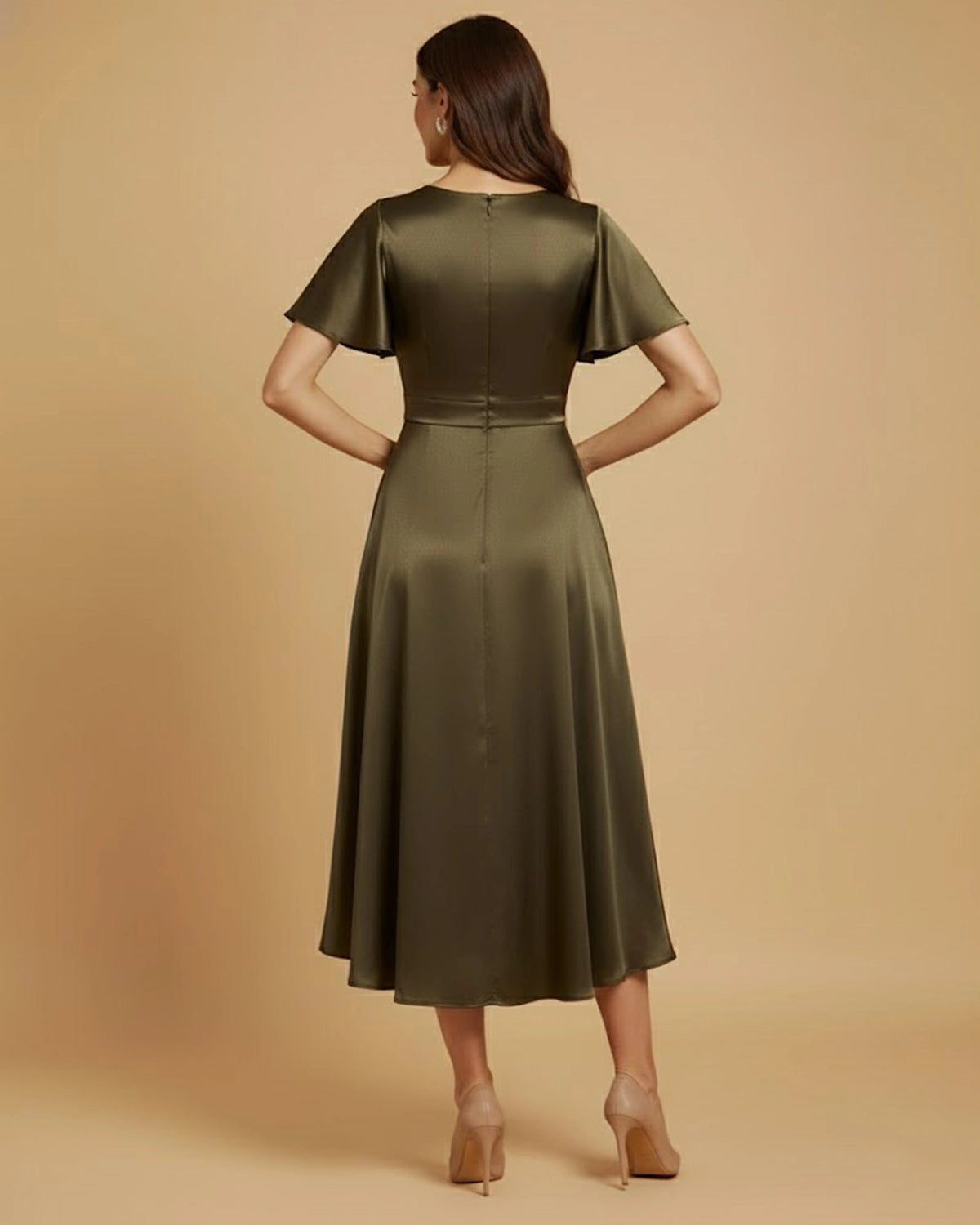 Aura Recycled Satin V-Neck Olive Green High-Low Dress with Short Sleeves