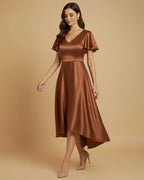 Aura Recycled Satin Flutter Sleeve Bronze High-Low Dress