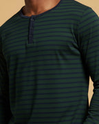 Men's Striped Henley Cotton Pyjama Set in Navy, Black, Green, & Grey Loungewear