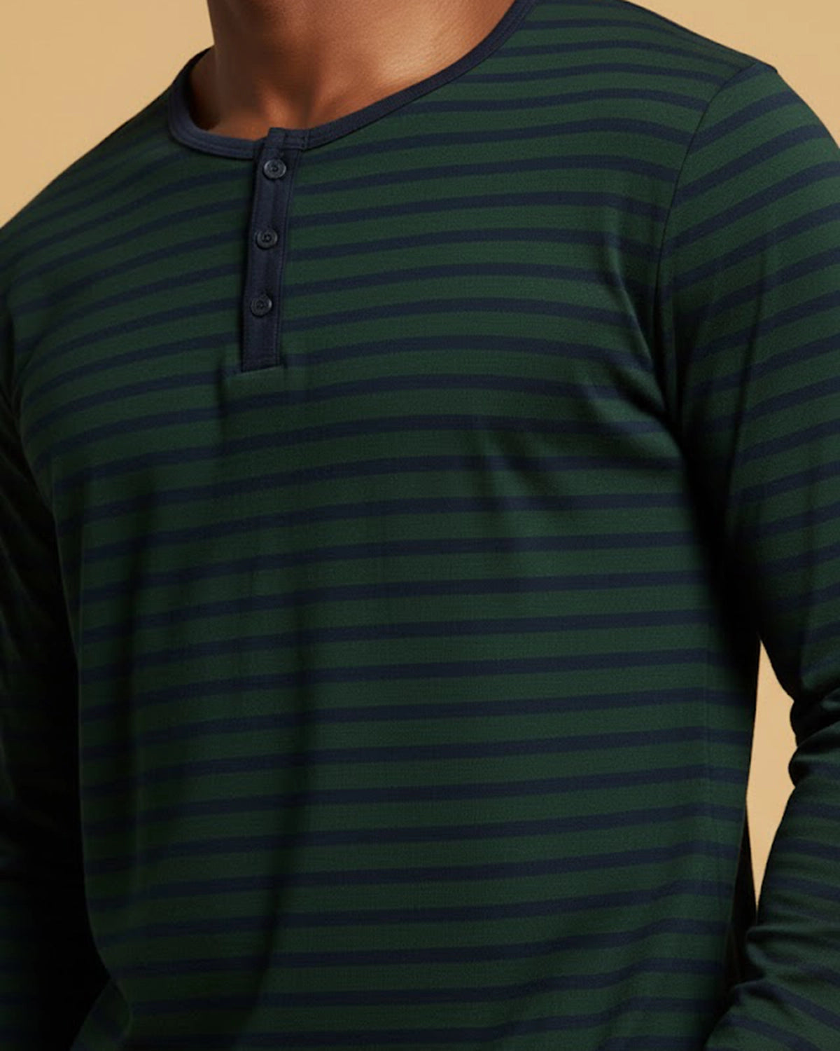 Men's Striped Henley Cotton Pyjama Set in Navy, Black, Green, & Grey Loungewear