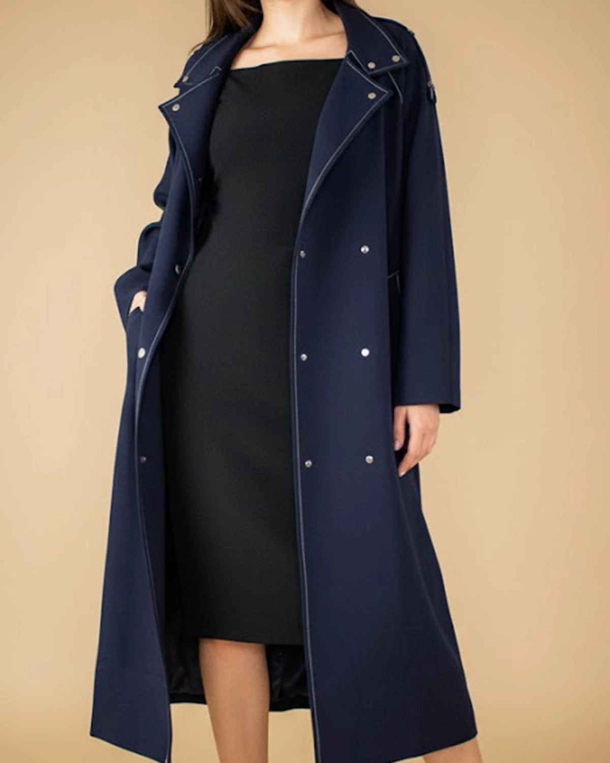 Women Navy Blue Belted Coat Oversized Trench Coat ADKN